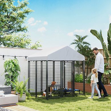 PawHut 5.9ft x 5.9ft x 6ft Outdoor Dog Kennel with Rotating & Adjustable Bowls