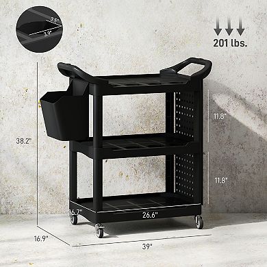 HOMCOM 3-Tier Rolling Tool Cart, Utility Cart with Side Shelf & Hook