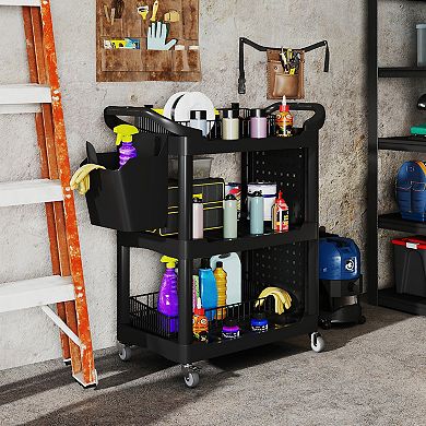 HOMCOM 3-Tier Rolling Tool Cart, Utility Cart with Side Shelf & Hook