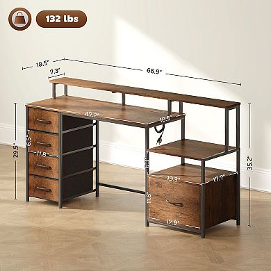 67inch Computer Desk Home Office Desk with File Cabinet Lights