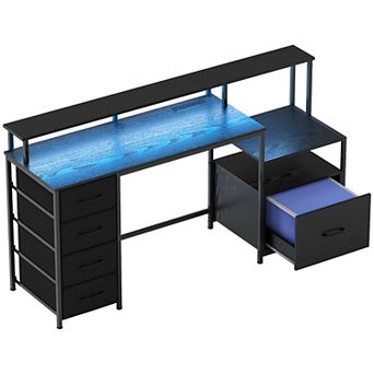 67inch Computer Desk Home Office Desk with File Cabinet Lights
