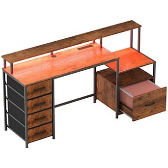 67inch Computer Desk Home Office Desk with File Cabinet Lights