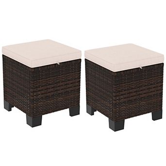 Outsunny Wicker Outdoor Ottoman Footstool Set of 2 with Cushions