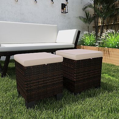 Outsunny Wicker Outdoor Ottoman Footstool Set of 2 with Cushions