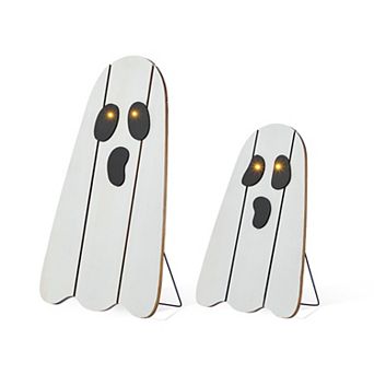 Glitzhome Set of 2 Lighted Wood Ghost Porch Decor, Halloween Entryway Decorations