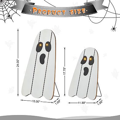 Glitzhome Set of 2 Lighted Wood Ghost Porch Decor, Halloween Entryway Decorations