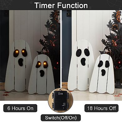 Glitzhome Set of 2 Lighted Wood Ghost Porch Decor, Halloween Entryway Decorations