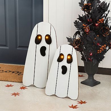Glitzhome Set of 2 Lighted Wood Ghost Porch Decor, Halloween Entryway Decorations