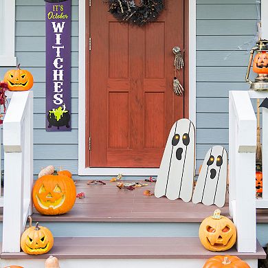 Glitzhome Set of 2 Lighted Wood Ghost Porch Decor, Halloween Entryway Decorations