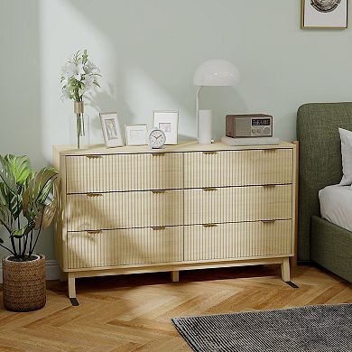 HOMCOM 6 Drawer Dresser for Bedroom, Fluted Chest of Drawers