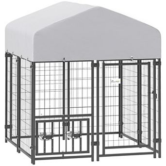 PawHut Dog Kennel with Rotating & Adjustable Bowls, 3.9ft x 3.9' x 6'