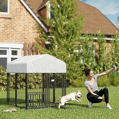 PawHut Dog Kennel with Rotating & Adjustable Bowls, 3.9ft x 3.9' x 6'
