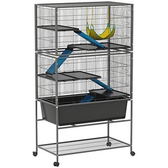 PawHut 59inch 5-Level Rolling Small Animal Cage w/ Deep Tray, Non-Slip Ramps
