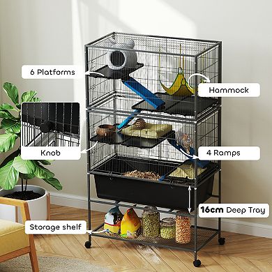 PawHut 59inch 5-Level Rolling Small Animal Cage w/ Deep Tray, Non-Slip Ramps