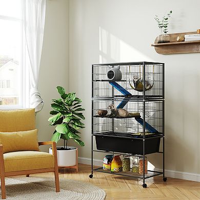 PawHut 59  5-Level Rolling Small Animal Cage w/ Deep Tray, Non-Slip Ramps