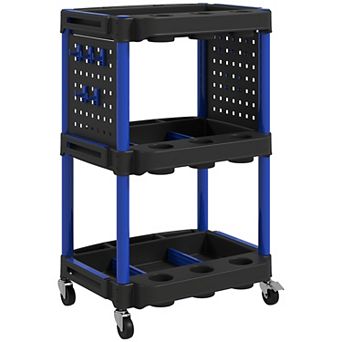 HOMCOM 3 tier Rolling Tool Cart on Wheels, Plastic Utility Cart, Red