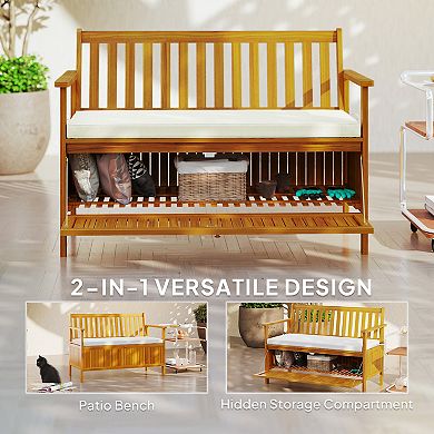 Outsunny Outdoor Bench with Storage, 2 Seater Acacia Wood Patio Bench,