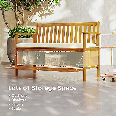 Outsunny Outdoor Bench with Storage, 2 Seater Acacia Wood Patio Bench,
