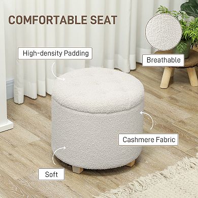 HOMCOM 18inch Round Ottoman with Storage, Footstool with Lid, Wood Legs