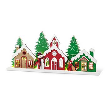 Glitzhome 20"L Lighted Wooden Table Decor, Christmas Villages Tabletop Decoration