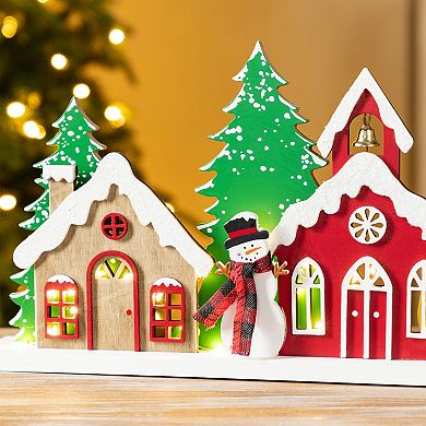 Glitzhome 20"L Lighted Wooden Table Decor, Christmas Villages Tabletop Decoration