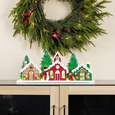 Glitzhome 20"L Lighted Wooden Table Decor, Christmas Villages Tabletop Decoration