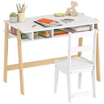 Qaba Kids Desk and Chair Set with Storage, Kids Study Desk and Chair
