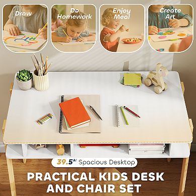 Qaba Kids Desk and Chair Set with Storage, Kids Study Desk and Chair