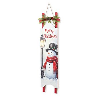 Glitzhome 42''H Christmas Snowman Sleigh Porch Sign, Woodecn Merry Christmas Hanging Wall Decor