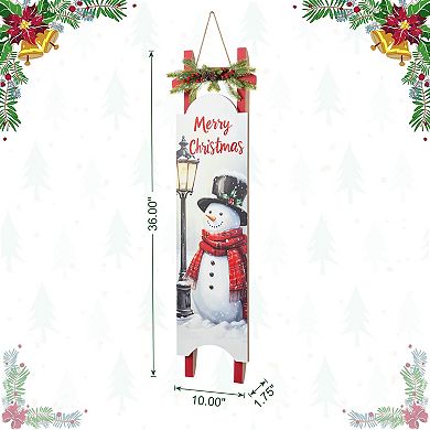 Glitzhome 42"H Christmas Snowman Sleigh Porch Sign, Wooden "Merry Christmas" Porch Decor