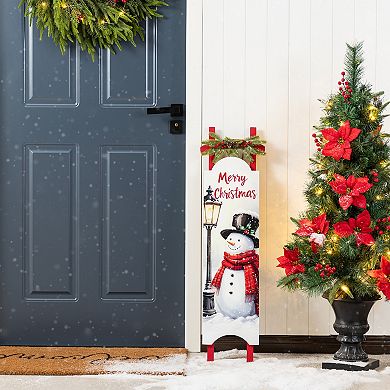 Glitzhome 42"H Christmas Snowman Sleigh Porch Sign, Wooden "Merry Christmas" Porch Decor