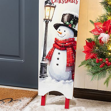 Glitzhome 42"H Christmas Snowman Sleigh Porch Sign, Wooden "Merry Christmas" Porch Decor