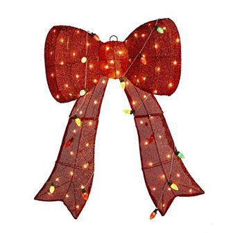 Glitzhome 35.75"H Lighted Christmas Porch Decor, 3D Fabric Bow with Colorful Bulbs Outdoor Decor