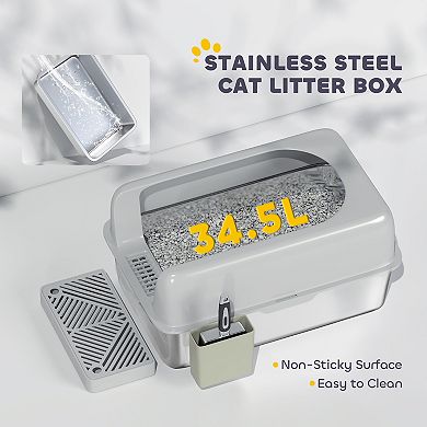 PawHut Stainless Steel Litter Box with High Sided for Anti-Urine Leakage