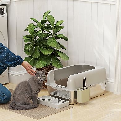 PawHut Stainless Steel Litter Box with High Sided for Anti-Urine Leakage