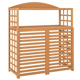 Outsunny Wood Air Conditioner Fence Privacy Screen Potting Table w/ Shelves