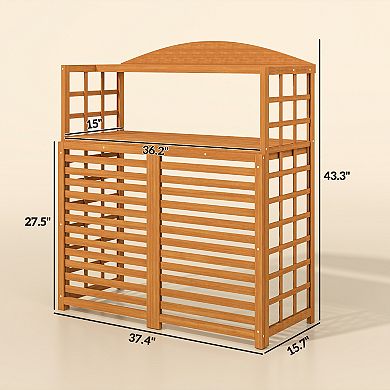 Outsunny Wood Air Conditioner Fence Privacy Screen Potting Table w/ Shelves