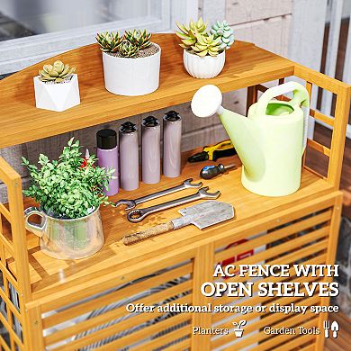Outsunny Wood Air Conditioner Fence Privacy Screen Potting Table w/ Shelves