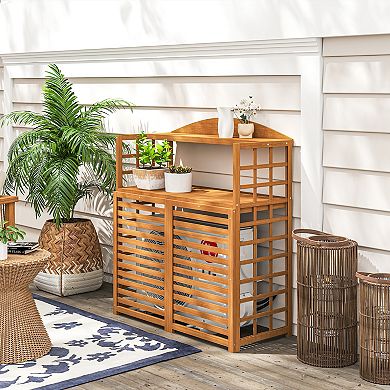 Outsunny Wood Air Conditioner Fence Privacy Screen Potting Table w/ Shelves