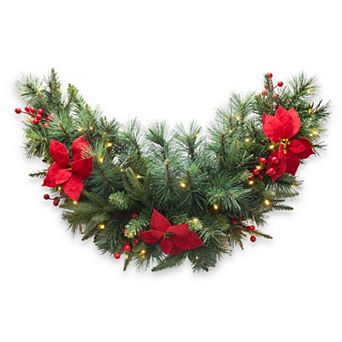 Glitzhome 3ft Pre-Lit Greenery Pine Poinsettia and Red Berries Christmas Teardrop Swag