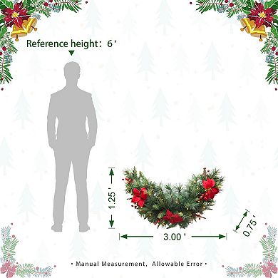 Glitzhome 3ft Pre-Lit Greenery Pine Poinsettia and Red Berries Christmas Teardrop Swag