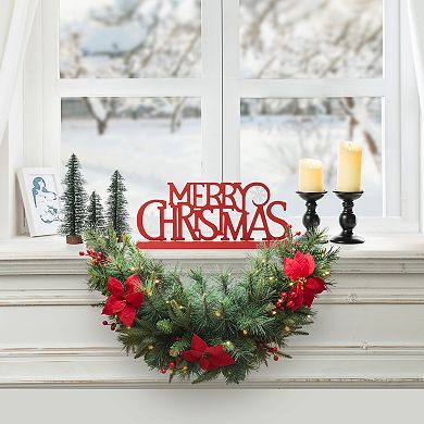 Glitzhome 3ft Pre-Lit Greenery Pine Poinsettia and Red Berries Christmas Teardrop Swag