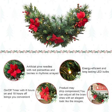 Glitzhome 3ft Pre-Lit Greenery Pine Poinsettia and Red Berries Christmas Teardrop Swag