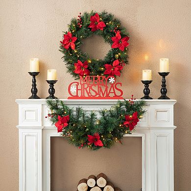 Glitzhome 3ft Pre-Lit Greenery Pine Poinsettia and Red Berries Christmas Teardrop Swag