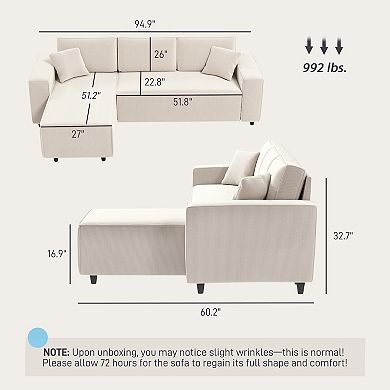 HOMCOM Chaise Sectional Sofa, Corduroy Fabric Corner Couch