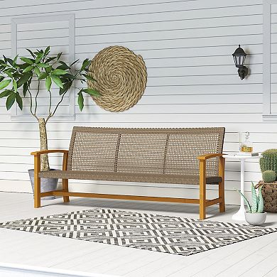 Outsunny 3-Seat Wicker Outdoor Couch Patio Sofa with Acacia Wood Armrests