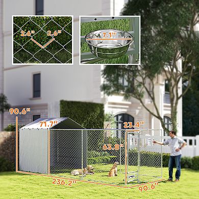 PawHut Large Outdoor Dog Kennel w/ Cover Rotating Bowls 13.1ft x 7.5' x 7.5'