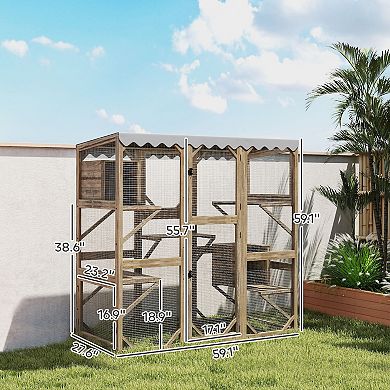 PawHut 59inch Catio Outdoor Cat Enclosure, Wooden Window Cat House