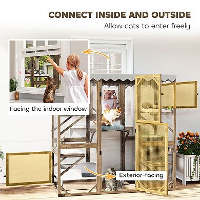 PawHut 59inch Catio Outdoor Cat Enclosure, Wooden Window Cat House