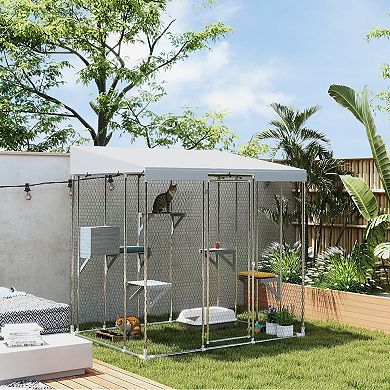 PawHut 79inch Large Catio, Galvanized Steel Outdoor Cat Enclosure with Canopy